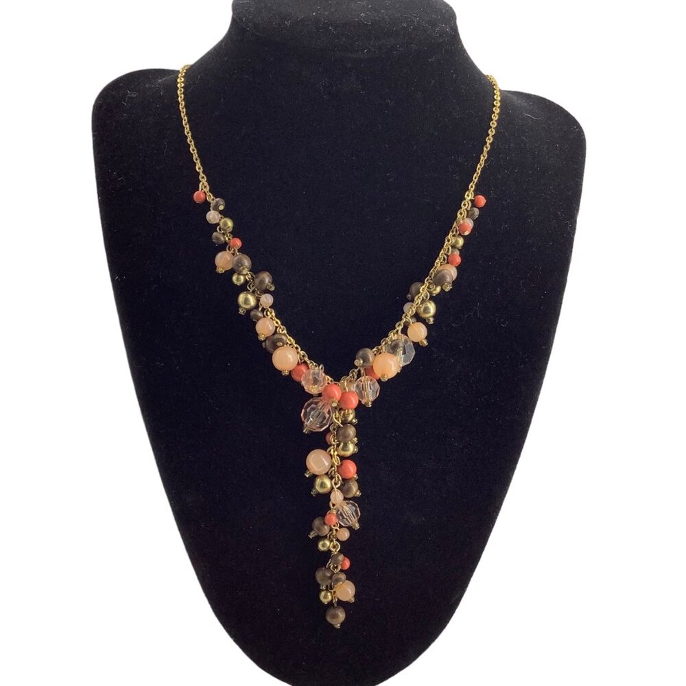 Avon Lariat‎ Beaded Y Drop Necklace 19" Gold Tone Chain Brown Orange